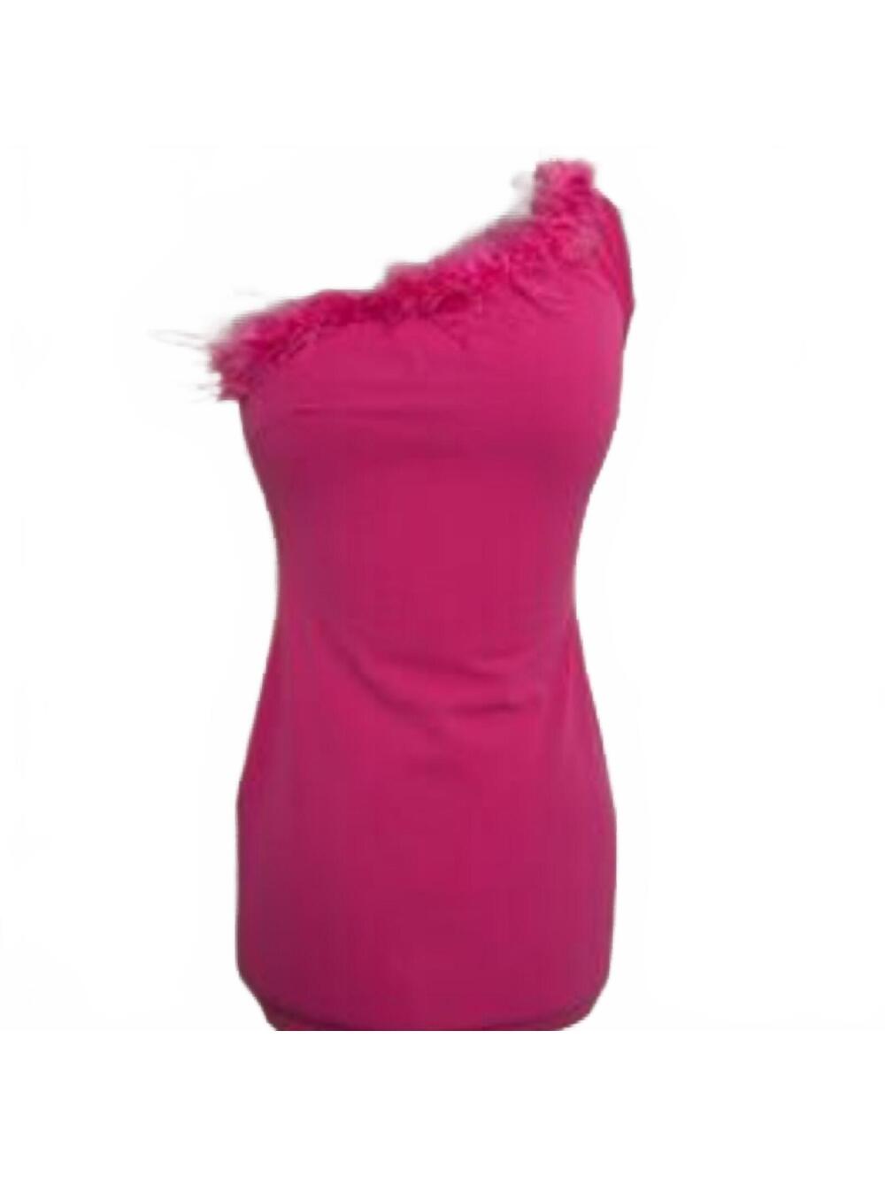 Thirty Thirty One-Shoulder Fuchsia Mini Dress with Feather Trim Medium New